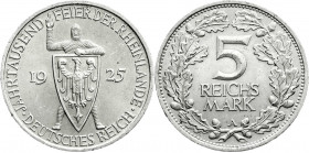 Weimarer Republik
Gedenkmünzen
5 Reichsmark Rheinlande
1925 A. fast Stempelglanz, Prachtexemplar. Jaeger 322. 