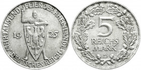Weimarer Republik
Gedenkmünzen
5 Reichsmark Rheinlande
1925 D. vorzüglich/Stempelglanz, feine Tönung. Jaeger 322. 