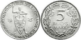 Weimarer Republik
Gedenkmünzen
5 Reichsmark Rheinlande
1925 F. vorzüglich/Stempelglanz, feine Tönung. Jaeger 322. 