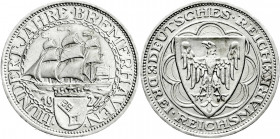 Weimarer Republik
Gedenkmünzen
3 Reichsmark Bremerhaven
1927 A. gutes vorzüglich. Jaeger 325. 