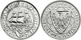 Weimarer Republik
Gedenkmünzen
5 Reichsmark Bremerhaven
1927 A. Polierte Platte, nur min. berührt. Jaeger 326. 