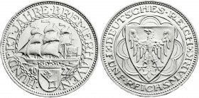 Weimarer Republik
Gedenkmünzen
5 Reichsmark Bremerhaven
1927 A. fast Stempelglanz, Prachtexemplar. Jaeger 326. 