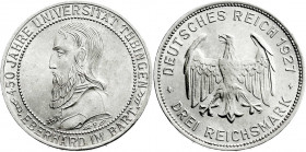 Weimarer Republik
Gedenkmünzen
3 Reichsmark Tübingen
1927 F. fast Stempelglanz. Jaeger 328. 