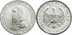 Weimarer Republik
Gedenkmünzen
5 Reichsmark Tübingen
1927 F. vorzüglich/Stempelglanz. Jaeger 329. 