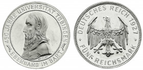 Weimarer Republik
Gedenkmünzen
5 Reichsmark Tübingen
1927 F. vorzüglich, kl. Kratzer. Jaeger 329. 