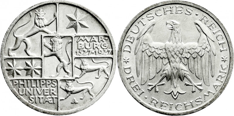 Weimarer Republik
Gedenkmünzen
3 Reichsmark Marburg
1927 A. fast Stempelglanz...