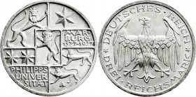 Weimarer Republik
Gedenkmünzen
3 Reichsmark Marburg
1927 A. fast Stempelglanz, Prachtexemplar. Jaeger 330. 