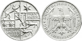 Weimarer Republik
Gedenkmünzen
3 Reichsmark Marburg
1927 A. vorzüglich/Stempelglanz, kl. Randfehler. Jaeger 330. 