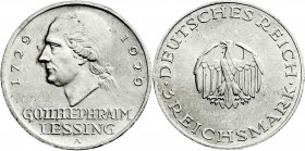 Weimarer Republik
Gedenkmünzen
3 Reichsmark Lessing
1929 A. prägefrisch/fast Stempelglanz. Jaeger 335. 