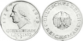 Weimarer Republik
Gedenkmünzen
3 Reichsmark Lessing
1929 F. vorzüglich/Stempelglanz, kl. Kratzer. Jaeger 335. 