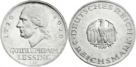 Weimarer Republik
Gedenkmünzen
3 Reichsmark Lessing
1929 G. vorzüglich/Stempelglanz, kl. Kratzer. Jaeger 335. 