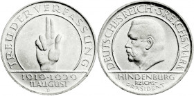 Weimarer Republik
Gedenkmünzen
3 Reichsmark Schwurhand
1929 D. prägefrisch/fast Stempelglanz, kl. Randfehler. Jaeger 340. 