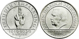 Weimarer Republik
Gedenkmünzen
3 Reichsmark Schwurhand
1929 F. fast Stempelglanz. Jaeger 340. 