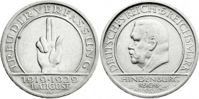 Weimarer Republik
Gedenkmünzen
5 Reichsmark Schwurhand
1929 A. sehr schön/vorzüglich. Jaeger 341. 