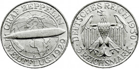 Weimarer Republik
Gedenkmünzen
3 Reichsmark Zeppelin
1930 D. fast Stempelglanz. Jaeger 342. 