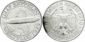 Weimarer Republik
Gedenkmünzen
3 Reichsmark Zeppelin
1930 F. vorzüglich/Stempelglanz. Jaeger 342. 