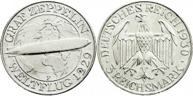Weimarer Republik
Gedenkmünzen
3 Reichsmark Zeppelin
1930 F. fast Stempelglanz, Prachtexemplar. Jaeger 342. 
