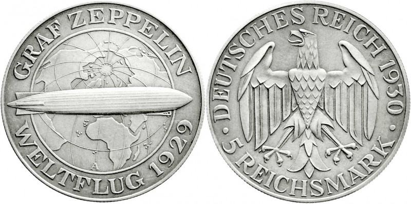 Weimarer Republik
Gedenkmünzen
5 Reichsmark Zeppelin
1930 A. vorzüglich/Stemp...