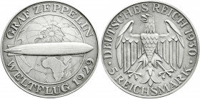 Weimarer Republik
Gedenkmünzen
5 Reichsmark Zeppelin
1930 A. vorzüglich/Stempelglanz, Mattprägung ? Jaeger 343. 