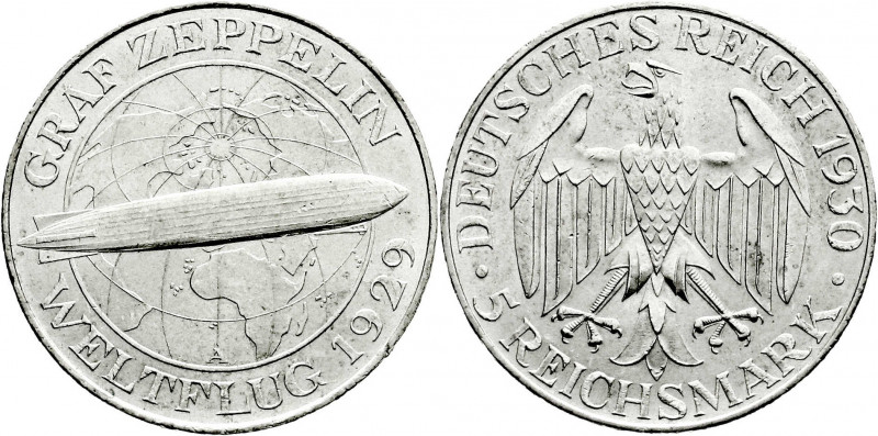 Weimarer Republik
Gedenkmünzen
5 Reichsmark Zeppelin
1930 A. fast Stempelglan...