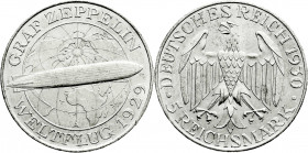 Weimarer Republik
Gedenkmünzen
5 Reichsmark Zeppelin
1930 A. fast Stempelglanz. Jaeger 343. 