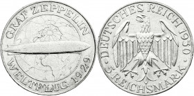 Weimarer Republik
Gedenkmünzen
5 Reichsmark Zeppelin
1930 A. sehr schön/vorzüglich. Jaeger 343. 