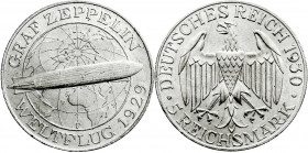 Weimarer Republik
Gedenkmünzen
5 Reichsmark Zeppelin
1930 F. vorzüglich/Stempelglanz, kl. Kratzer. Jaeger 343. 