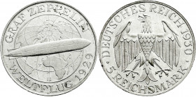 Weimarer Republik
Gedenkmünzen
5 Reichsmark Zeppelin
1930 G. vorzüglich/Stempelglanz. Jaeger 343. 