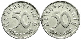 Drittes Reich
Klein/- und Kursmünzen
50 Reichspfennig, Aluminium, 1935
2 X 1935 G. beide vorzüglich/Stempelglanz, kl. Kratzer. Jaeger 368. 