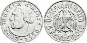 Drittes Reich
Gedenkmünzen
5 Reichsmark Luther, 1933-1934
1933 D. vorzüglich. Jaeger 353. 