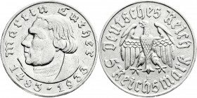 Drittes Reich
Gedenkmünzen
5 Reichsmark Luther, 1933-1934
1933 E. sehr schön, kl. Randfehler. Jaeger 353. 