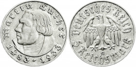 Drittes Reich
Gedenkmünzen
5 Reichsmark Luther, 1933-1934
1933 G. sehr schön. Jaeger 353. 