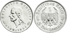 Drittes Reich
Gedenkmünzen
5 Reichsmark Schiller 1934
1934 F. fast Stempelglanz, kl. Kratzer. Jaeger 359. 