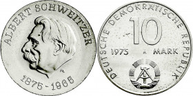 Münzen der Deutschen Demokratischen Republik
Gedenkmünzen der DDR
10 Mark 1975 A, Schweitzer-Materialprobe mit Rs. von Cu/Ni/Zn-Typ Warschauer Vertr...