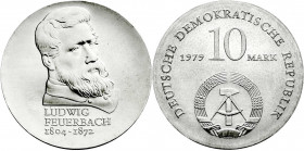 Münzen der Deutschen Demokratischen Republik
Gedenkmünzen der DDR
10 Mark 1979, Feuerbach. Randschrift läuft rechts herum.
Stempelglanz. Jaeger 157...