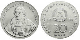 Münzen der Deutschen Demokratischen Republik
Gedenkmünzen der DDR
20 Mark 1983, Luther. Randschrift läuft links herum.
Stempelglanz. Jaeger 1591. ...