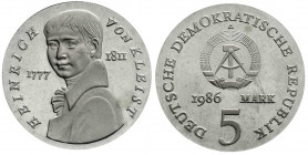 Münzen der Deutschen Demokratischen Republik
Gedenkmünzen der DDR
5 Mark 1986 A, Kleist.
Polierte Platte, kl. Fleck. Jaeger 1611. 
