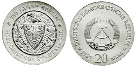 Münzen der Deutschen Demokratischen Republik
Gedenkmünzen der DDR
20 Mark 1987 A, Stadtsiegel. Randschrift läuft rechts herum.
prägefrisch. Jaeger ...
