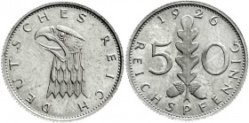Proben, Verprägungen und Besonderheiten
Weimarer Republik
50 Reichspfennig 1926 o. Mzz. Kupfer-Nickel, 4,04 g.,
Polierte Platte, sehr selten. Schaa...