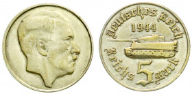 Proben, Verprägungen und Besonderheiten
Drittes Reich
5 Reichsmark Probe (?) 1944. Hitlerkopf r./Panzer. Messing versilbert. 25 mm; 7,38 g.
vorzügl...