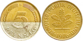 Proben, Verprägungen und Besonderheiten
Bundesrepublik Deutschland
5 Pfennig 1976 G. Plattierung der Wertseite fehlt zur Hälfte.
vorzüglich. Jaeger...