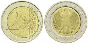 Proben, Verprägungen und Besonderheiten
Bundesrepublik Deutschland
2 Euro 2002 G. Verprägung mit verformter Pille, dadurch auf der Wertseite oval, a...