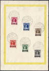 Briefmarken
Ausland
Vatikan
Provisoriensatz 1934, jede Marke mit Randstreifen auf Souvenierblatt geklebt, entwertet mit Tagestempel I/15 vom 13.10....