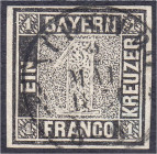 Briefmarken
Deutschland
Altdeutschland
1 Kreuzer schwarz 1849, allseits voll -bis breitrandig geschnitten, traumhaft entwertet mit zentrischem Zwei...