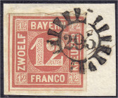 Briefmarken
Deutschland
Altdeutschland
12 Kreuzer 1850, sauber gestempelt auf Briefstück, Luxusexemplar, tiefst geprüft Brettl BPP.
gestempelt. Mi...