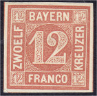 Briefmarken
Deutschland
Altdeutschland
12 Kreuzer 1850, ungebraucht mit Falz, allseits breitrandig, Luxuserhaltung.
* Michel 6. 