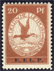Briefmarken
Deutschland
Deutsches Reich
20 Pf. Flugpostmarke E.EL.P. 1912, postfrische Luxuserhaltung. Fotoattest A.I.E.P. Hermann Sieger >einwandf...