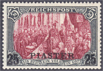 Briefmarken
Deutschland
Deutsche Auslandspostämter und Kolonien
25 PIA auf 5 M Freimarke 1900, ungebraucht mit Falz, Kabinett, signiert Richter. Mi...