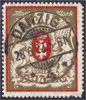 Briefmarken
Deutschland
Deutsche Auslandspostämter und Kolonien
50 M Großes Staatswappen 1922, zeitgerechte Entwertung ,,DANZIG *4* 28.6.22.5-6N". ...