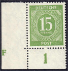 Briefmarken
Deutschland
Alliierte Besetzung (Gemeinschaftsausgaben)
15 Pfg. Ziffern 1946, postfrische (auch die Ränder **) Bogenecke mit Druckerzei...